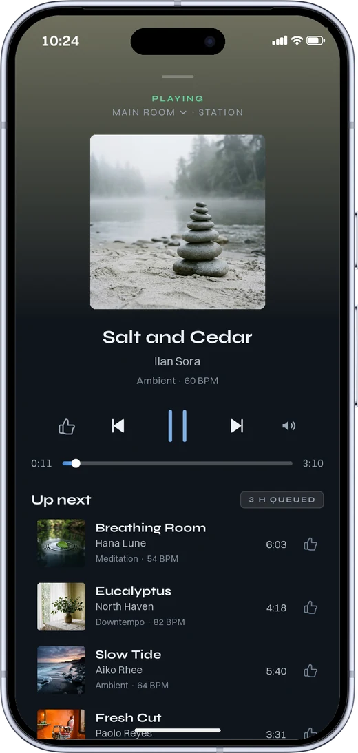 The MUNO app playing, with the tracks coming up next.