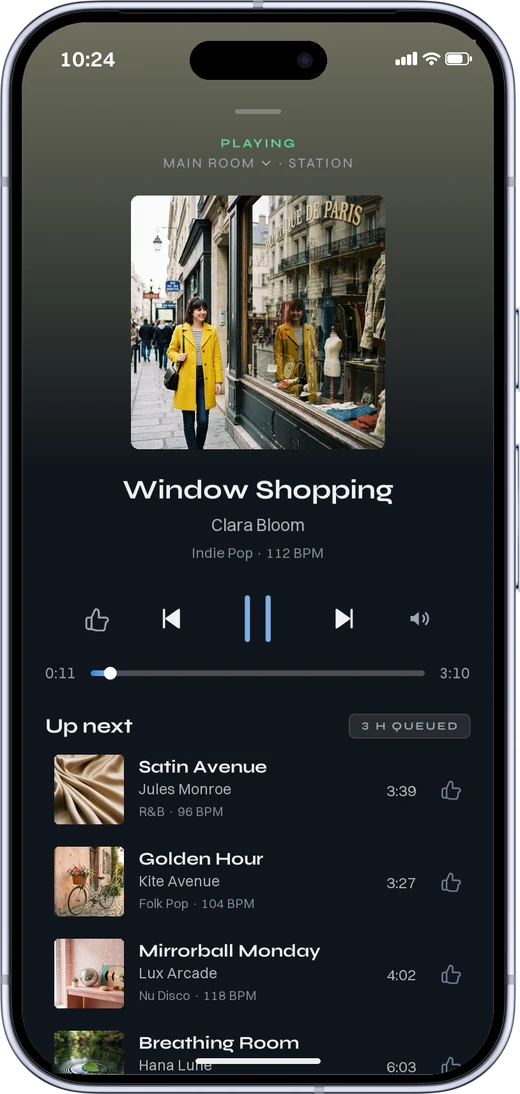 The MUNO app playing, with the tracks coming up next.