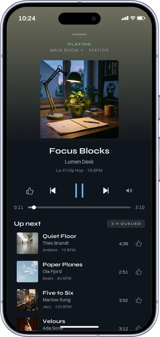 The MUNO app playing, with the tracks coming up next.