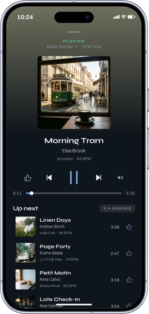 The MUNO app playing, with the tracks coming up next.