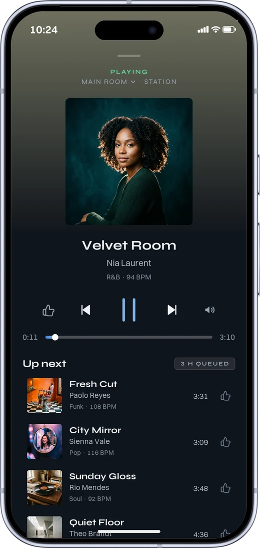 The MUNO app playing, with the tracks coming up next.