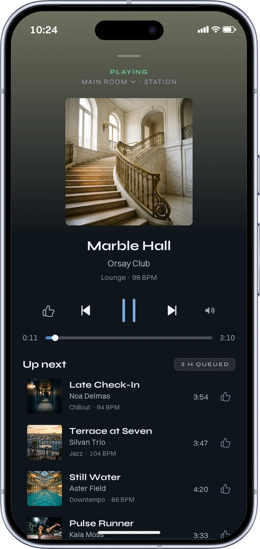 The MUNO app playing, with the tracks coming up next.