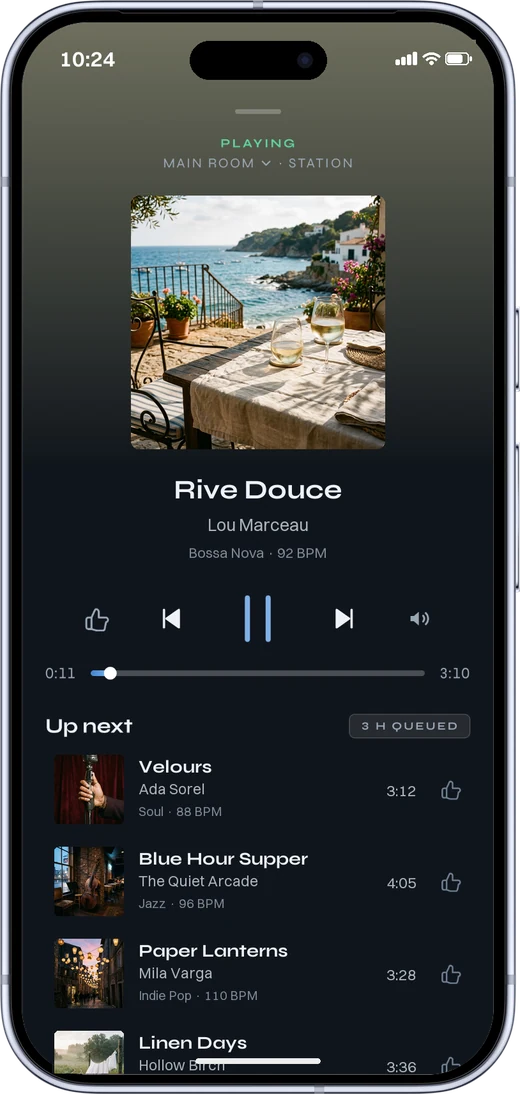 The MUNO app playing, with the tracks coming up next.
