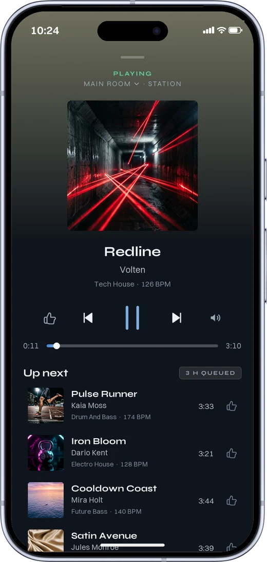 The MUNO app playing, with the tracks coming up next.