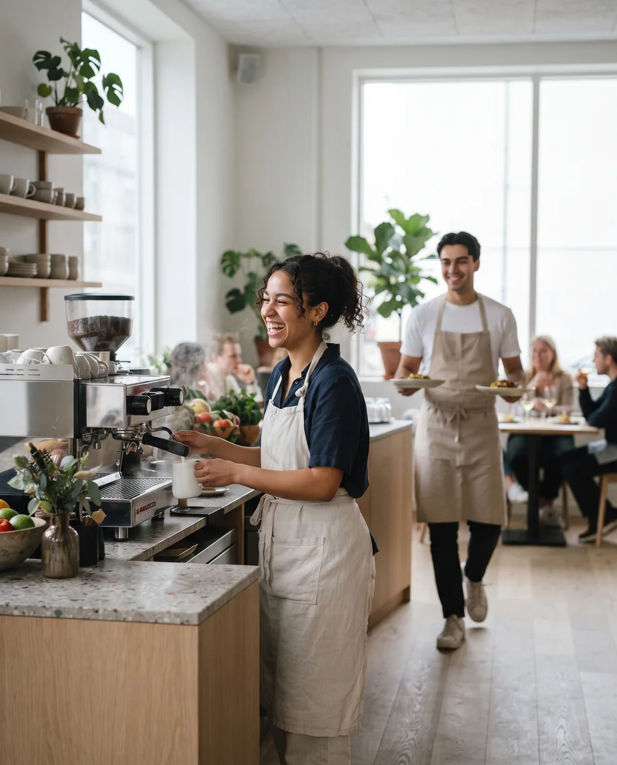 In a bright restaurant, a barista laughs while making a coffee as a waiter walks past with two plates.