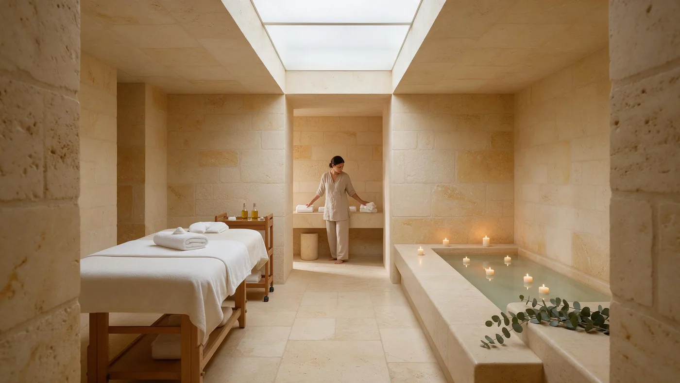 A spa room in pale stone: a treatment table, a candlelit pool, a therapist laying out towels.