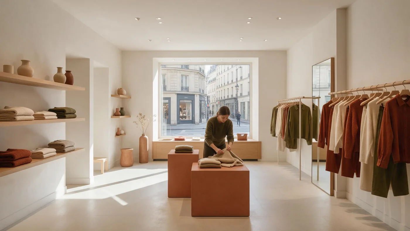 A bright fashion shop: a sales assistant folds a jumper between the shelves and the rails.