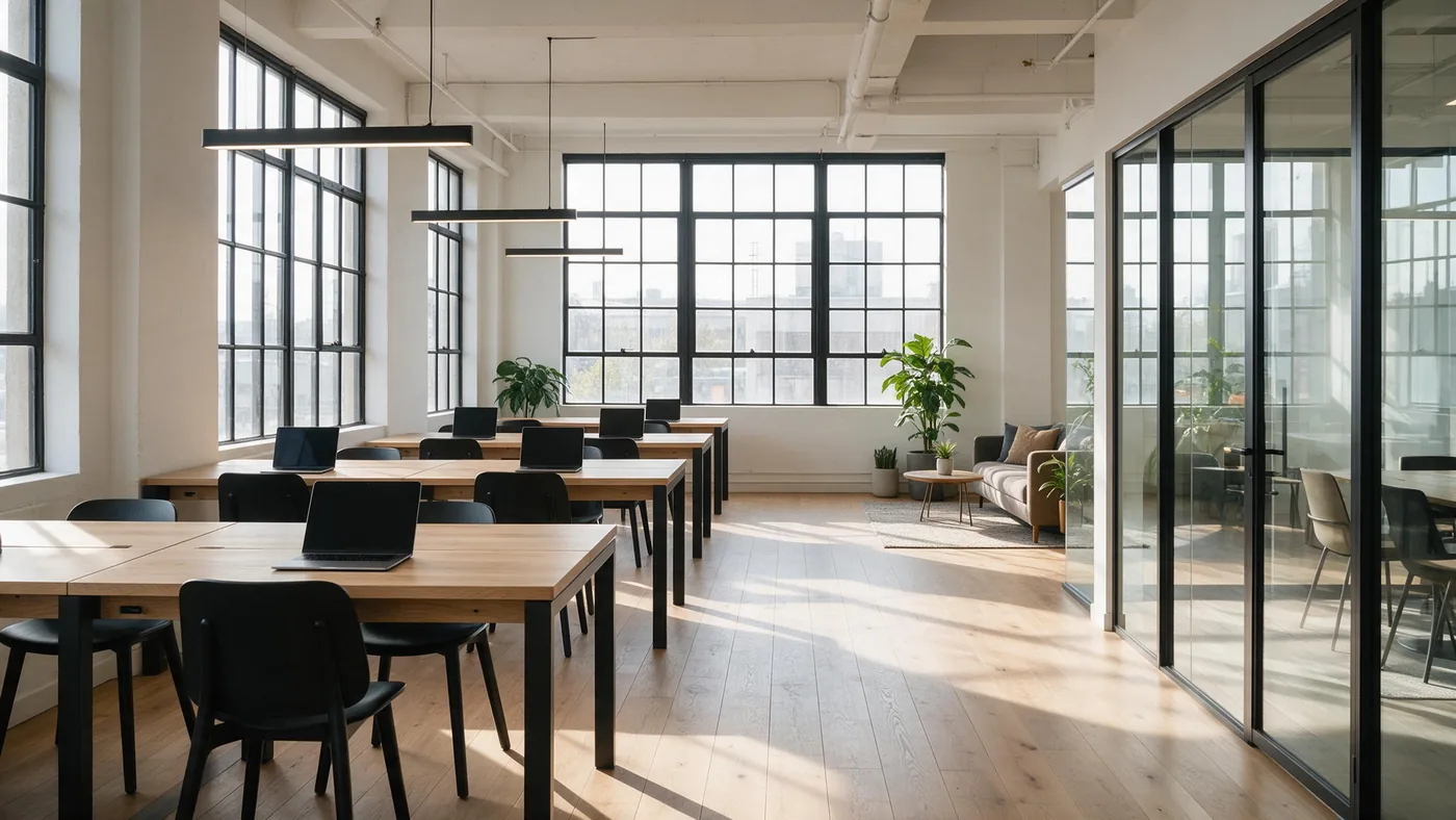 A bright open-plan office: rows of oak desks, a glass meeting room, tall glazed windows.