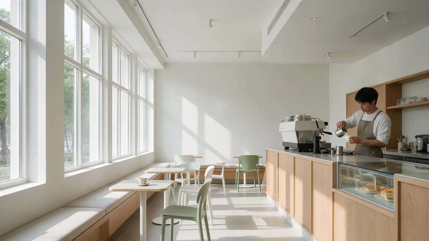 A bright café in the morning: large windows, a barista making a coffee at the counter.