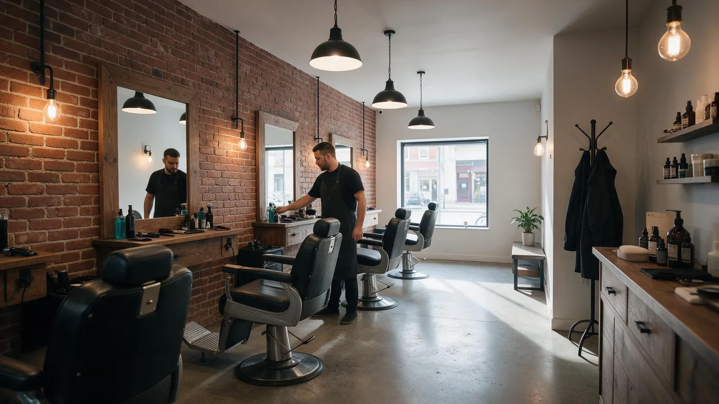 A barbershop with brick walls: a barber gets his station ready, black leather chairs.