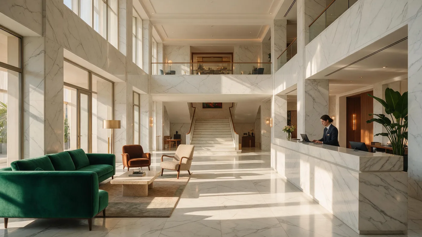 A white marble hotel lobby: green velvet seating, a receptionist at the desk.