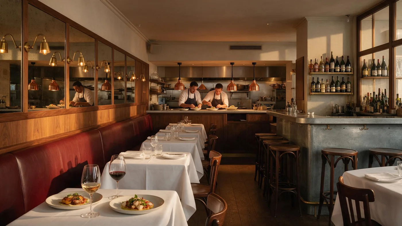 A wood-panelled brasserie in the evening: red banquette, zinc counter, two cooks plating up in an open kitchen.