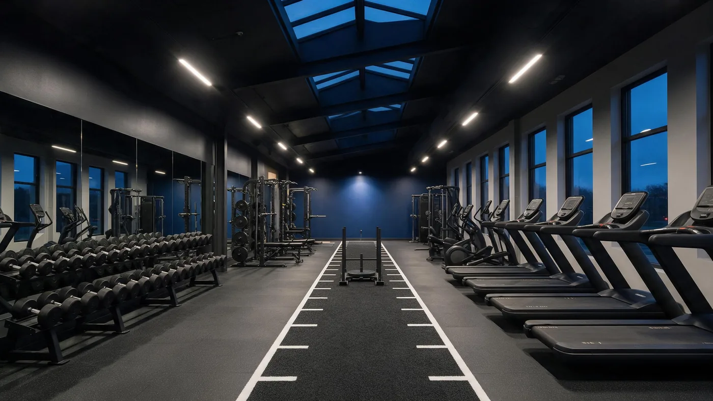 A gym at dusk: dumbbells, treadmills facing the windows, a strip of turf in the middle.
